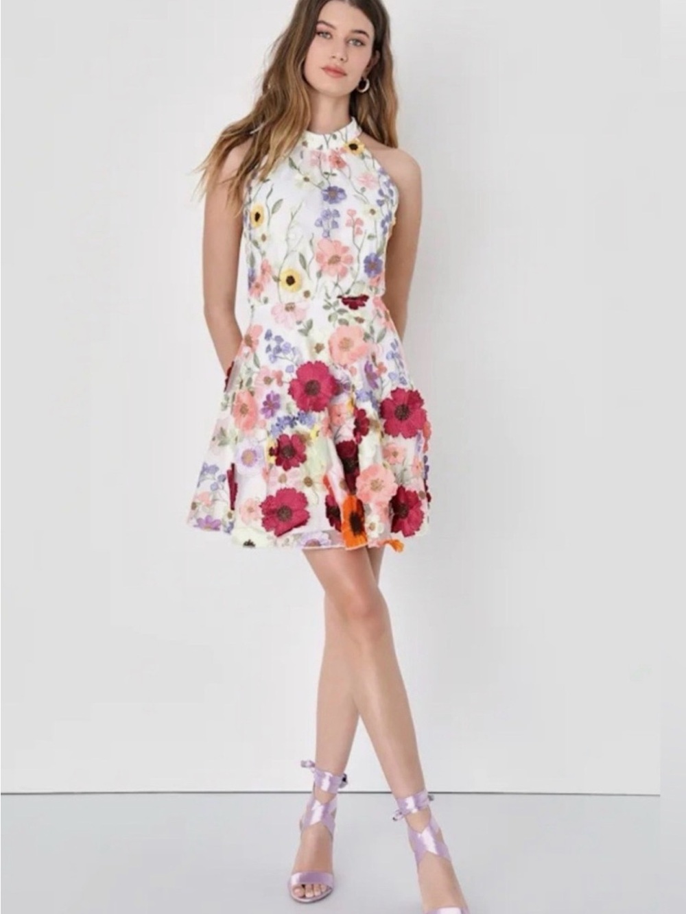 Lulu's Blooming Bliss White 3D Floral Embroidered Halter Mini Dress